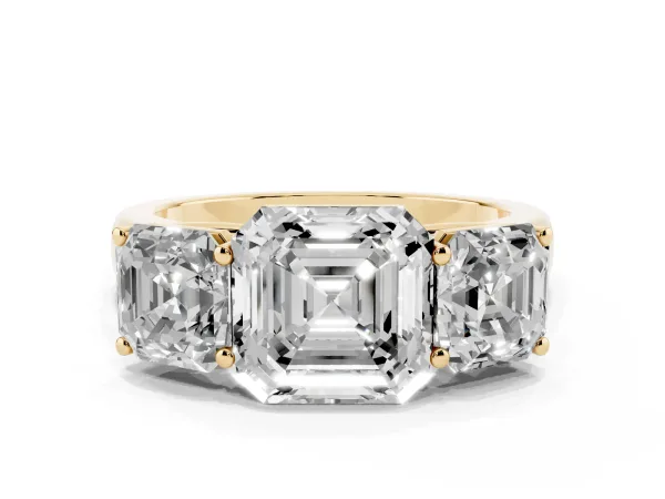 Asscher Cut Three-Stone Diamond Ring with Prong Setting on a Classic Band Yellow gold