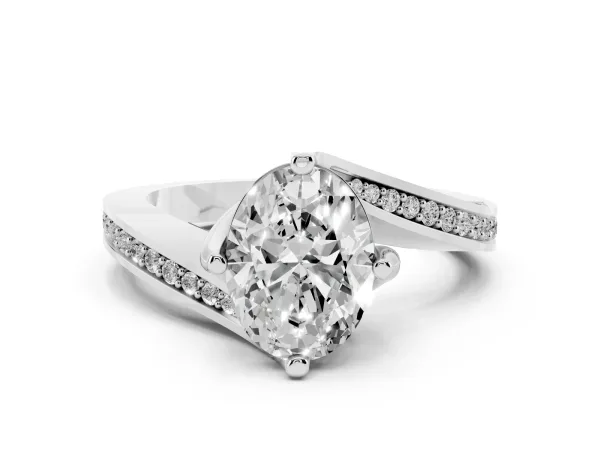 Oval Cut Solitaire Diamond Twist Band with Pavé Setting and Four-Prong Setting Platinum