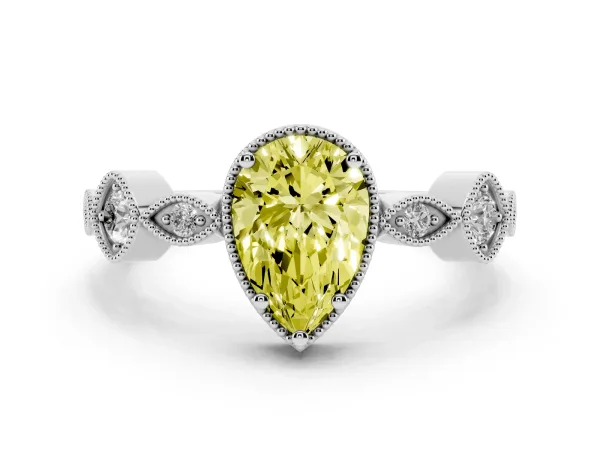 Fancy Yellow Pear Cut Diamond Vintage Milgrain Ring with Round Stations White gold