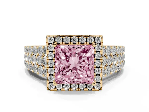 Fancy Pink Princess Cut Diamond Halo Engagement Ring with Triple Row Round Pavé Band and Prong Setting Yellow gold