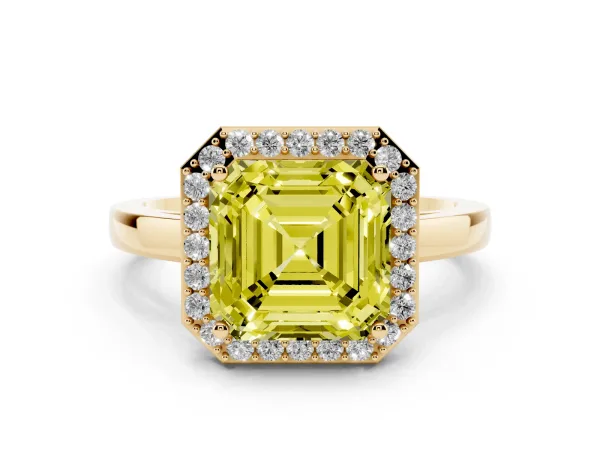 Fancy Yellow Asscher Cut Halo Diamond Ring with Solitaire Band and Prong Setting Yellow gold