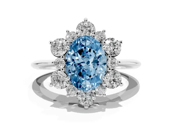Fancy Blue Oval Cut Diamond Cluster Halo Ring with Solitaire Band and Four-Prong Setting Platinum