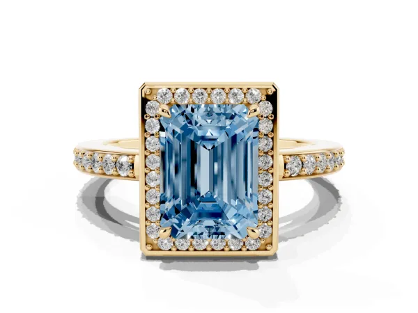 Fancy Blue Emerald Cut Halo Pave Band Solitaire Ring with Prong Setting Yellow gold