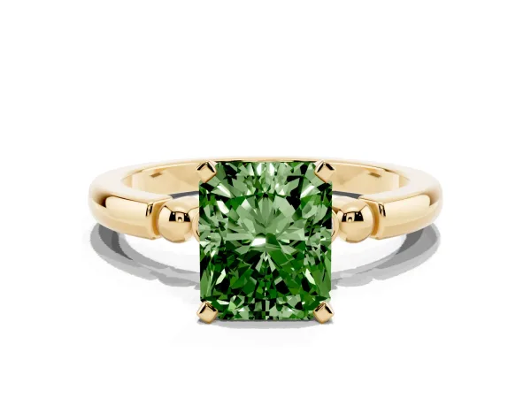 Fancy Green Radiant Cut Solitaire Beaded Band with Four-Prong Setting Yellow gold