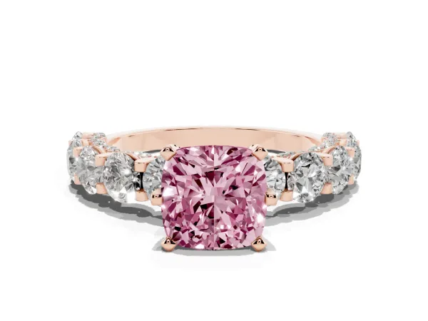 Fancy Pink Cushion Cut Diamond Side Stone Engagement Ring with Four-Prong Setting Rose gold