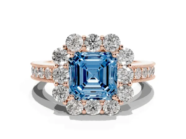 Fancy Blue Asscher Cut Cut Halo Diamond Pavé Engagement Ring with Milgrain Detailing Rose gold
