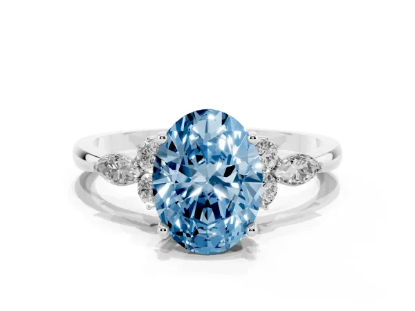 Fancy Blue Oval Cut Brilliant Diamond Solitaire Ring with Pear Side Stones and Four-Prong Setting Platinum