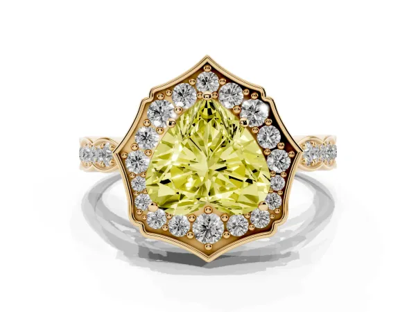 Fancy Yellow Heart Cut Halo Diamond Engagement Ring with Milgrain Band and Four-Prong Setting Yellow gold