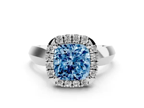 Fancy Blue Cushion Cut Cut Halo Solitaire Engagement Ring with Square Band and Four-Prong Setting White gold
