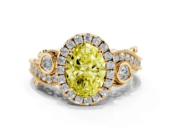 Fancy Yellow Oval Cut Diamond Halo Ring with Milgrain Pavé Band and Four-Prong Setting Yellow gold