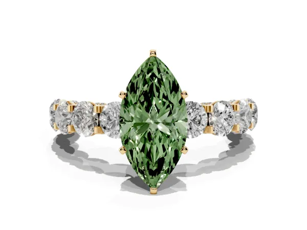 Fancy Green Marquise Cut Diamond Side Stone Engagement Ring with Four-Prong Setting Yellow gold