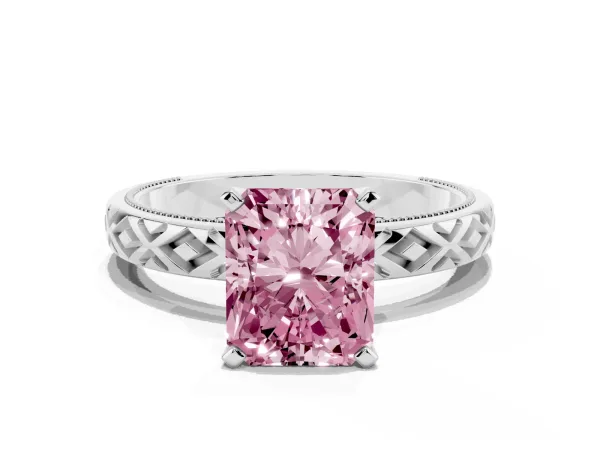 Fancy Pink Radiant Cut Solitaire Diamond Ring with Milgrain and Black Enamel X Pattern Band White gold