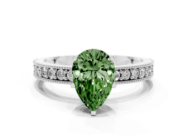 Fancy Green Pear Cut Diamond Milgrain Pavé Engagement Ring with Four-Prong Setting White gold