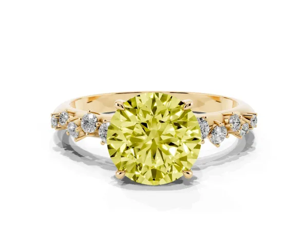 Fancy Yellow Round Cut Diamond Cluster Side Stone Solitaire Ring with Prong Setting Yellow gold