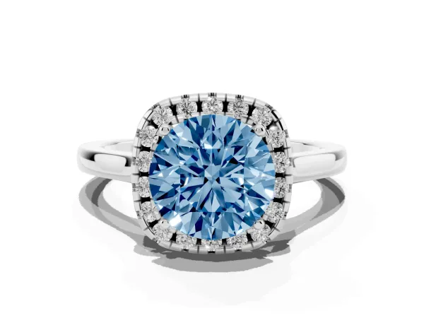 Fancy Blue Round Cut Halo Round Diamond Solitaire Ring with Pavé Band and Four-Prong Setting White gold