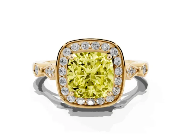 Fancy Yellow Cushion Cut Halo Diamond Engagement Ring with Twisted Band and Four-Prong Setting Yellow gold
