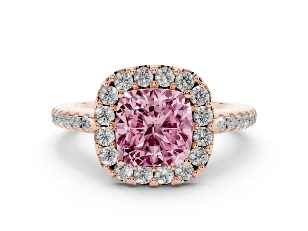 Fancy Pink Cushion Cut Diamond Pavé Halo Ring with Four-Prong Setting Rose gold