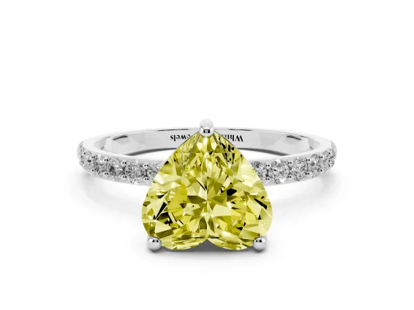 Fancy Yellow Heart Cut Diamond Solitaire Ring with Round Pavé Band and Prong Setting White gold
