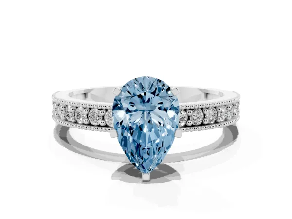 Fancy Blue Pear Cut Diamond Milgrain Pavé Engagement Ring with Four-Prong Setting White gold