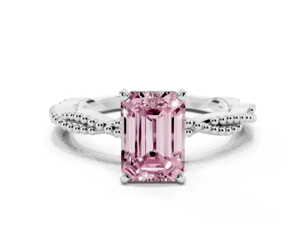 Fancy Pink Emerald Cut Solitaire Twisted Band with Bead Prong Setting Platinum