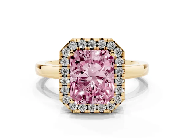 Fancy Pink Radiant Cut Halo Diamond Solitaire with Pavé Band and Four-Prong Setting Yellow gold