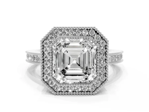 Asscher Cut Cut Halo Diamond Ring with Pavé Band and Milgrain Prong Setting White gold