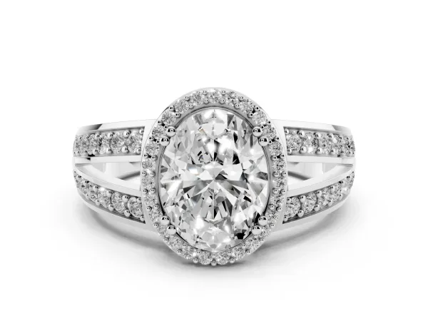 Oval Cut Diamond Halo Ring with Split Shank Pavé Band and Four-Prong Setting Platinum