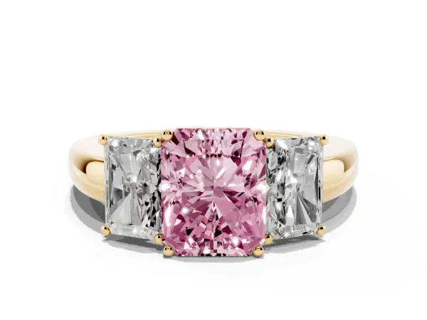 Fancy Pink Radiant Cut Diamond Three-Stone Ring with Four-Prong Setting and Classic Band Yellow gold