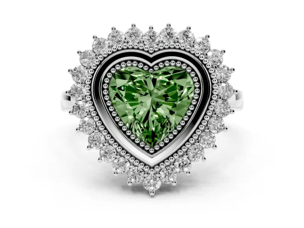 Fancy Green Heart Cut Halo Diamond Ring with Milgrain Edge and Round Prong Setting Platinum