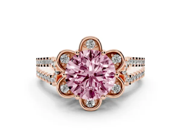Fancy Pink Round Cut Halo Diamond Floral Split Shank Engagement Ring Rose gold