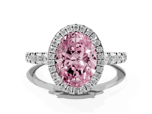 Fancy Pink Oval Cut Diamond Halo Ring with Pavé Band and Four-Prong Setting Platinum