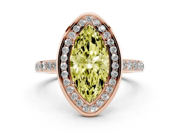 Fancy Yellow Marquise Cut Diamond Halo Ring with Bezel Frame and Pavé Band Rose gold