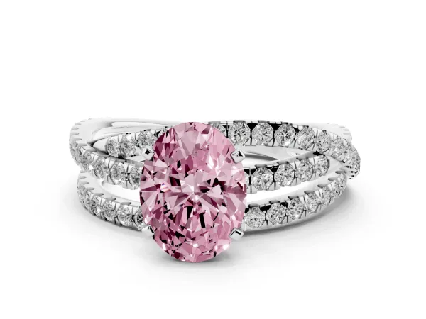 Fancy Pink Oval Cut Solitaire Twist Band with Pavé Setting and Four-Prong Setting White gold