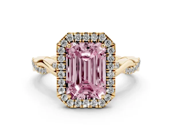 Fancy Pink Emerald Cut Halo Twist Band Solitaire Ring Yellow gold