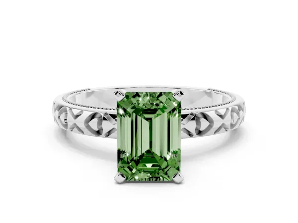Fancy Green Emerald Cut Solitaire Diamond Engagement Ring with XO Engraved Band and Four-Prong Setting Platinum