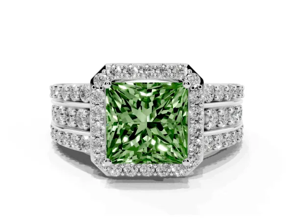 Fancy Green Princess Cut Halo Diamond Ring with Round Split Shank and Prong Setting Platinum
