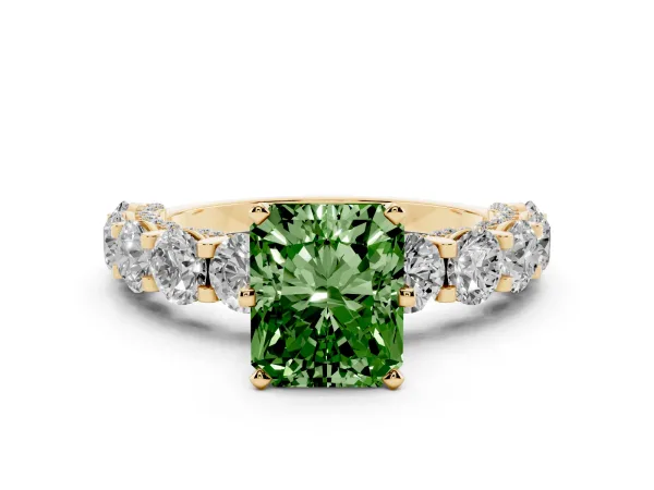 Fancy Green Radiant Cut Diamond Side Stone Engagement Ring with Four-Prong Setting Yellow gold