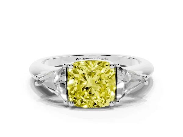 Fancy Yellow Three-Stone Cushion Cut Diamond Engagement Ring with Trillion Side Stones and Prong Setting White gold