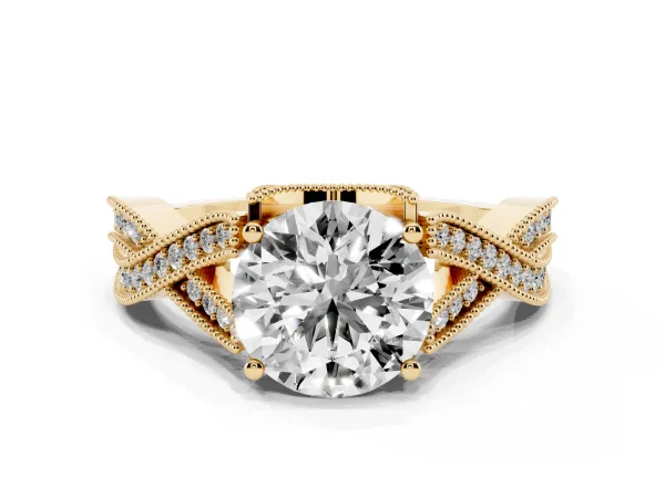 Round Cut Cut Diamond Twisted Band with Milgrain Pave Setting and Four-Prong Setting Yellow gold