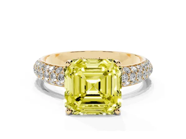 Fancy Yellow Asscher Cut Diamond Solitaire Ring with Prong Setting and Pavé Band Yellow gold
