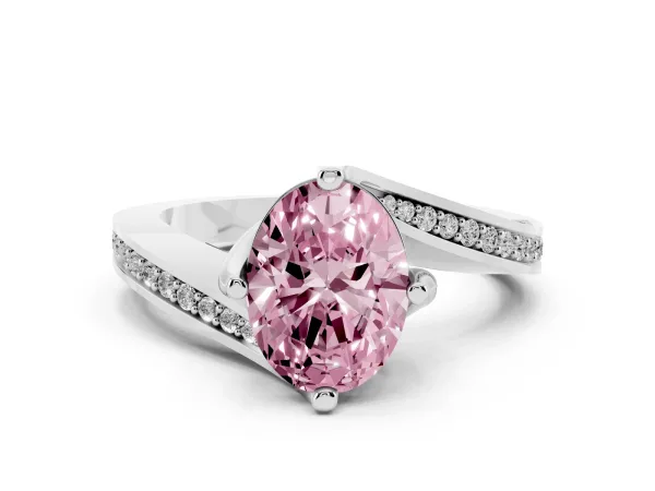 Fancy Pink Oval Cut Solitaire Diamond Twist Band with Pavé Setting and Four-Prong Setting Platinum