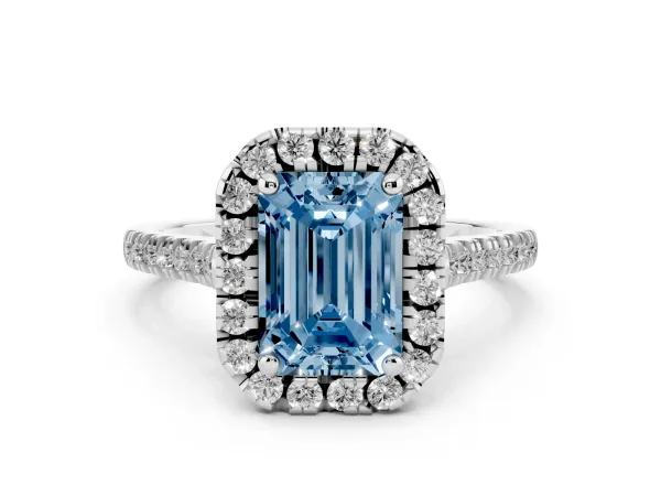 Fancy Blue Emerald Cut Diamond Cushion Halo Ring with Pavé Band Platinum