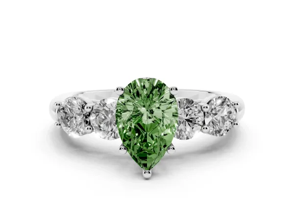 Fancy Green Pear Cut Cut Five-Stone Prong Set Diamond Ring with Classic Band White gold