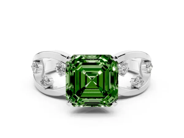Fancy Green Asscher Cut Cut Solitaire Diamond with Side Stones on Criss-Cross Band and Four-Prong Setting Platinum