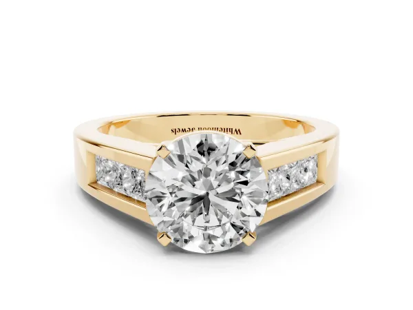 Round Cut Cut Channel Set Solitaire Ring with Four-Prong Setting Yellow gold
