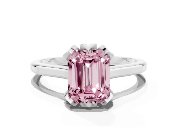 Fancy Pink Emerald Cut Diamond Solitaire Ring with Flower Prong Setting and Classic Band White gold