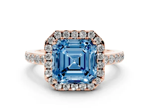 Fancy Blue Asscher Cut Halo Diamond Pavé Band Ring with Prong Setting Rose gold