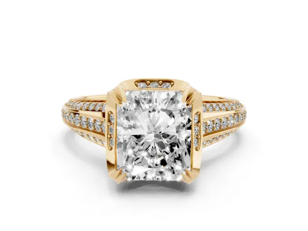 Radiant Cut Solitaire Pave Split Shank Ring with Four-Prong Setting Yellow gold