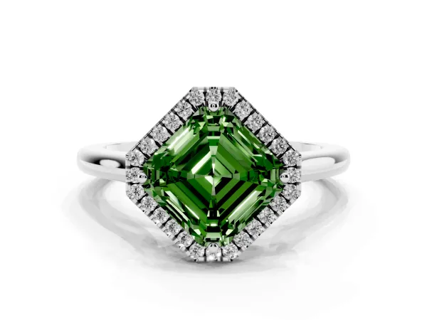 Fancy Green Asscher Cut Halo Round Diamond Solitaire Engagement Ring with Pave Band and Four-Prong Setting White gold