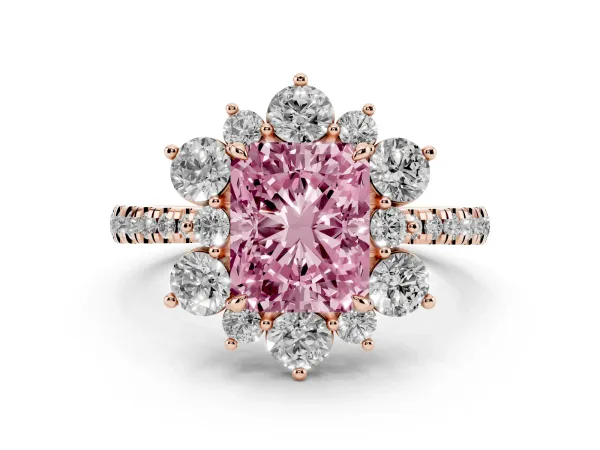 Fancy Pink Radiant Cut Diamond Floral Halo Ring with Round Pavé Band and Prong Setting Rose gold